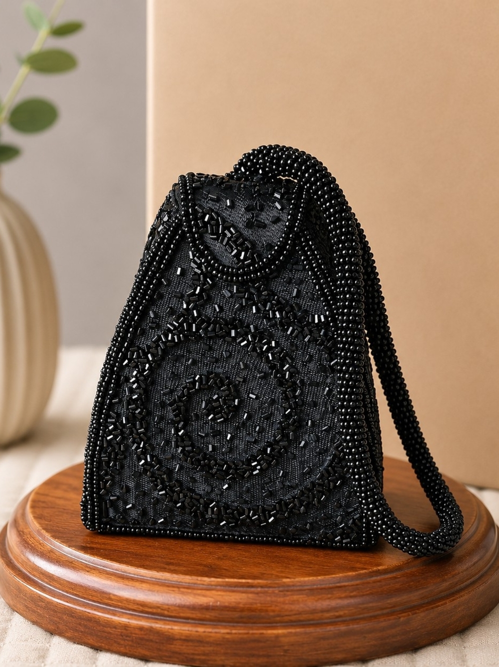 Black Beaded Spiral Clutch with Beaded Strap Carlo Fellini